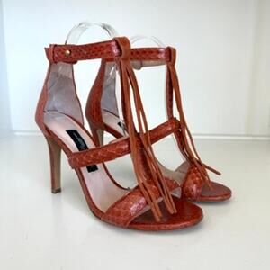 JEROME DREYFUSS T-Strap Heels Snakeskin Leather Orange Tassel Sandals 37